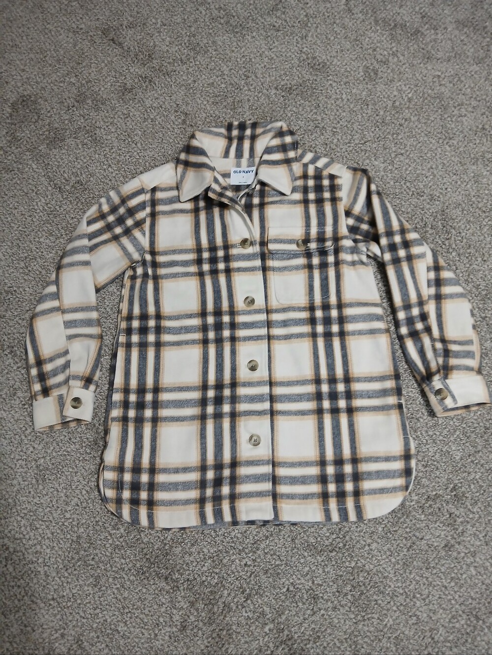 Old Navy Cream Plaid Shirt Jacket with Black & Tan Stripes Size S